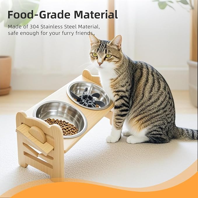 Elevated Dog Bowls, Adjustable Raised Dog Bowl Stand with 2 Stainless Steel Dishes and 1 Slow Feeder Bowl, Durable Bamboo Dogs Feeding Station for Small Medium Dogs/Cats