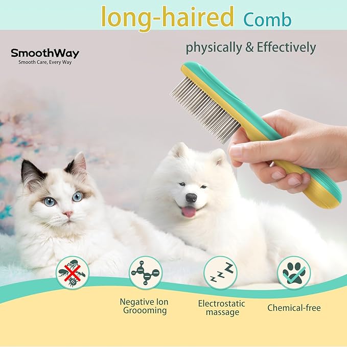 Premium Flea Comb for Dogs & Cats with Long Hair - 3-Row Stainless Steel Detection Tool with Manual Cleaning Brush | Electric Negative Ion Grooming Comb for Shaggy Dogs, Cats and Long-haired Animals