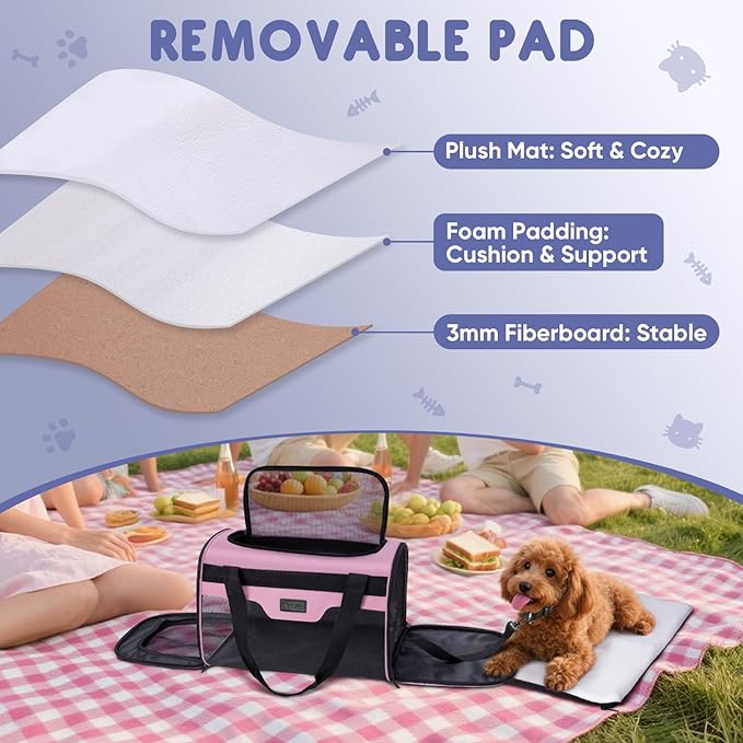 BALEINE Cat Carrier, Puppy Dog Carrier for Small Medium Pets Up to 15 Lbs, Soft-Sided Dog Travel Bag with Safety Zippers, Collapsible Pet Carrying Case (Pink, L, 17"x11"x11")