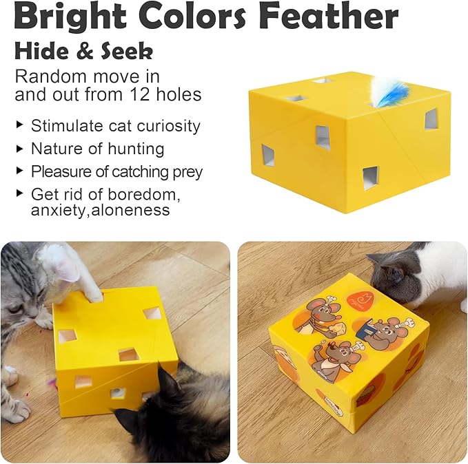 Migipaws MigiBox Cat Toy with PopSkin, Interactive Kitten Toy for Indoor Cats, Automatic Pop Out Feathers from 12 Holes Randomly, Pounce Mystery Under Cover to Stimulate Bored Furry, Rechargable