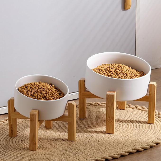 White Elevated/Raised 15°Tilted Anti Slip Ceramic Dog Bowl for Small/Medium Breeds,Slanted Bulldog Big Face Pet Food Water Feeding Dish with Stand for Cats and Dogs (3.6 Cups/28 OZ)