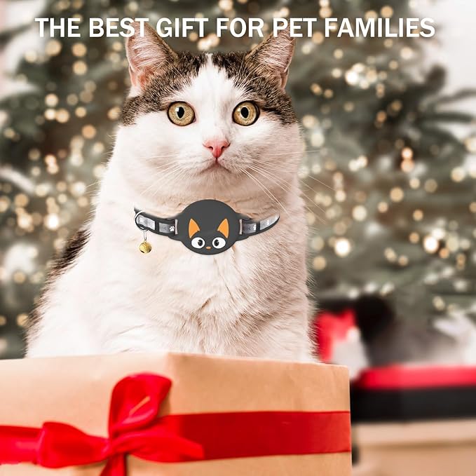 Airtag Cat Collar Breakaway, Reflective Kitten Collar with Apple Air Tag Holder and Bell for Girl Boy Cats, Lightweight Cat Collars for Apple AirTag, Hidden GPS Tracker Holder for Cats, Black (9-13")