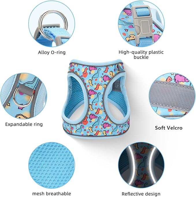 Step in Dog Harness No Pull Dinosaur Adjustable Soft Mesh Padded Reflective Pet Vest Harness and Leash Set for Small Medium Dogs