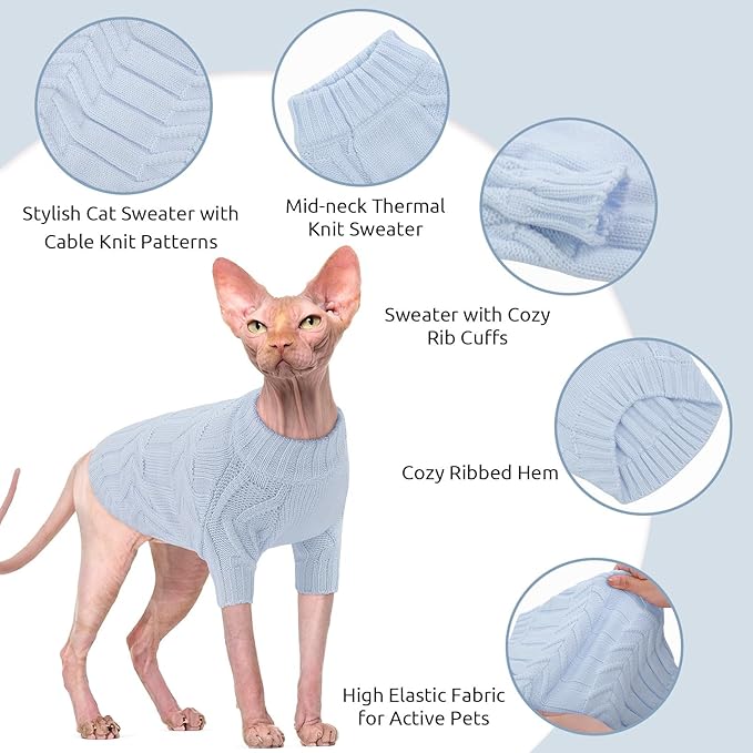 ASENKU Cat Sweater Soft Warm Puppy Clothes Knitwear for Kittens & Small Dogs, Thick Knitted Sweater for Sphynx Hairless Cats Teacup Chihuahua and Extra Small Dogs (Blue, M)