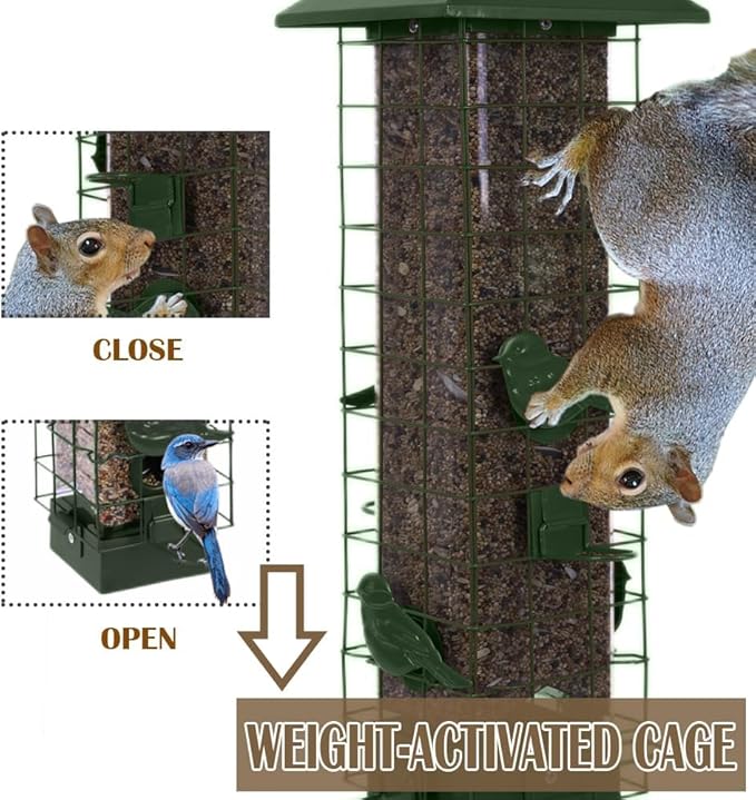 Squirrel Proof Bird Feeders for Outdoors, Metal Wild Bird Feeder for Outside Hanging, 4 Ports Perches, 3LB Large Capacity (Green)