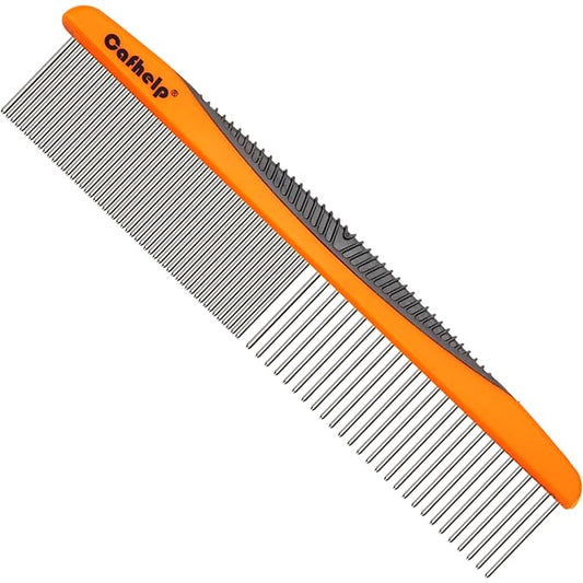 Metal Dog Comb and Cat Comb with Rounded Ends, Smooth Stainless Steel Teeth, Non-Slip Grip Handle for Removing Tangles and Knots in Greyhounds and Other Pets