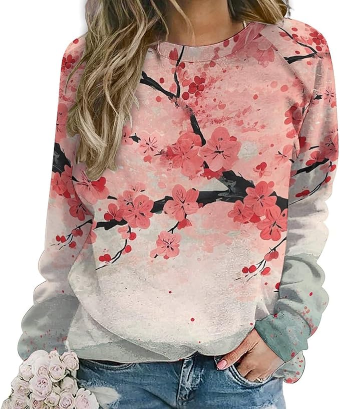 Womens Long Sleeve Tops Y2k Japanese Art Print Sweatshirts Fall Pullover for Women Crewneck Vintage Shirts Boho Tops