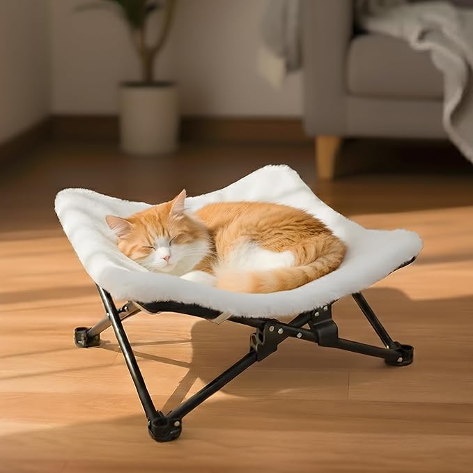 PETKARAY Foldable Elevated Cat Bed, Fluffy Kitty Lounge Furniture with Metal Frame, Raised Cat Hammock Chair for Indoor Cats