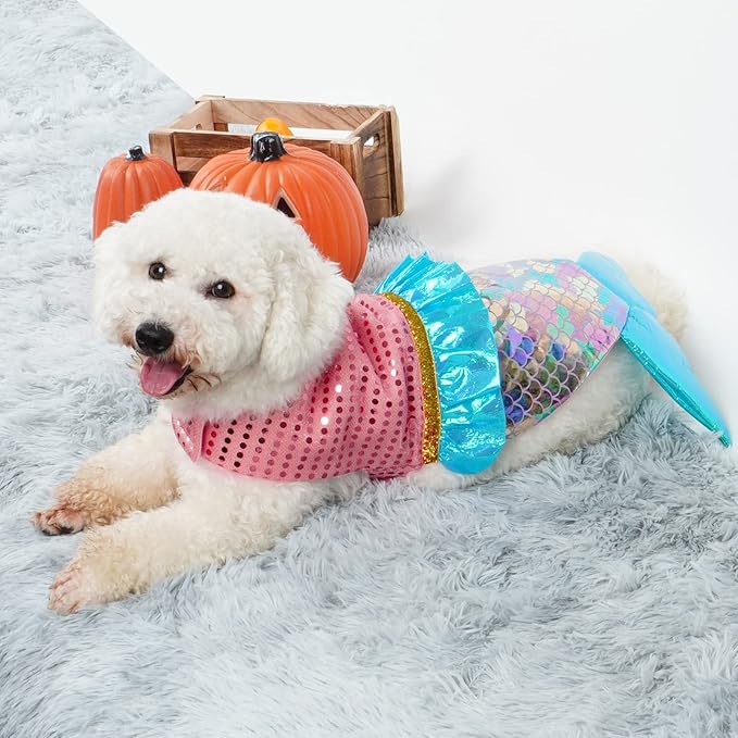 cyeollo Mermaid Dog Halloween Costumes Cute Dog Costume Sequin Birthday Party Pet Clothes Outfit Dressing Up Pet Costumes for Medium Dogs Size L