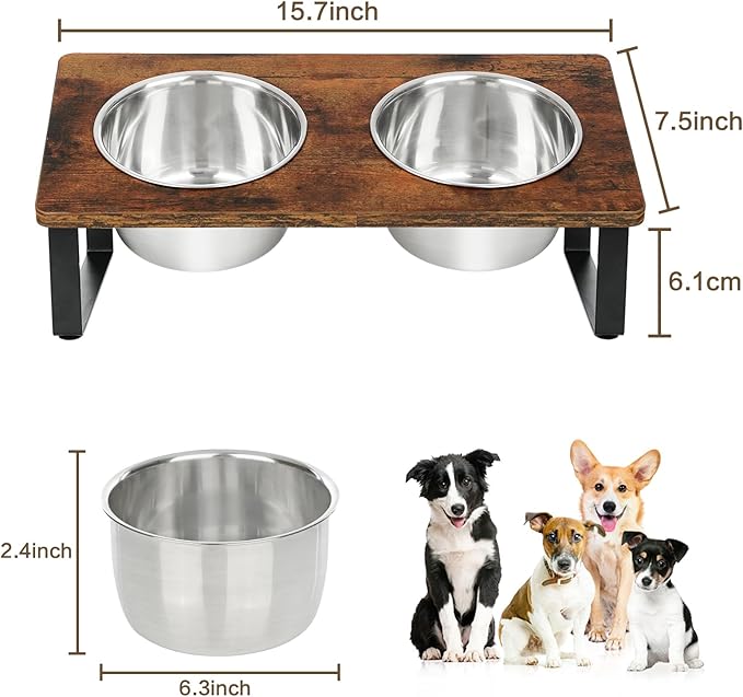 Elevated Dog Bowls for Small Medium Wood Dogs Raised Bowl Stand with 2 Stainless Steel Deep Dog Food and Water Bowls, Anti Vomit, Non-Slip Feeding Dishes(Tilted，3 inches in Height, 40oz