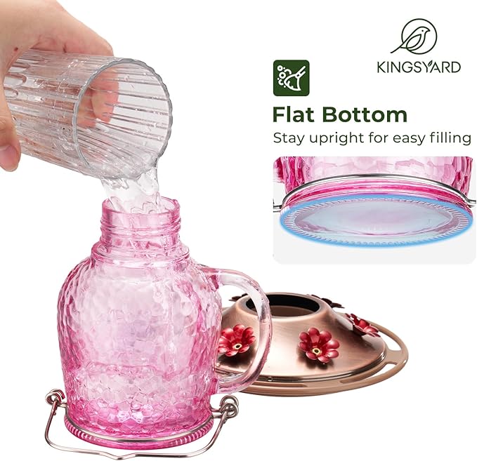 Kingsyard Glass Hummingbird Feeders for Outdoors, 16 Oz Wild Bird Feeder 6 Feeding Ports & Ant Moat Included, Hanging Bird Nectar Feeder for Garden Tree Yard Outside Decoration, Pink