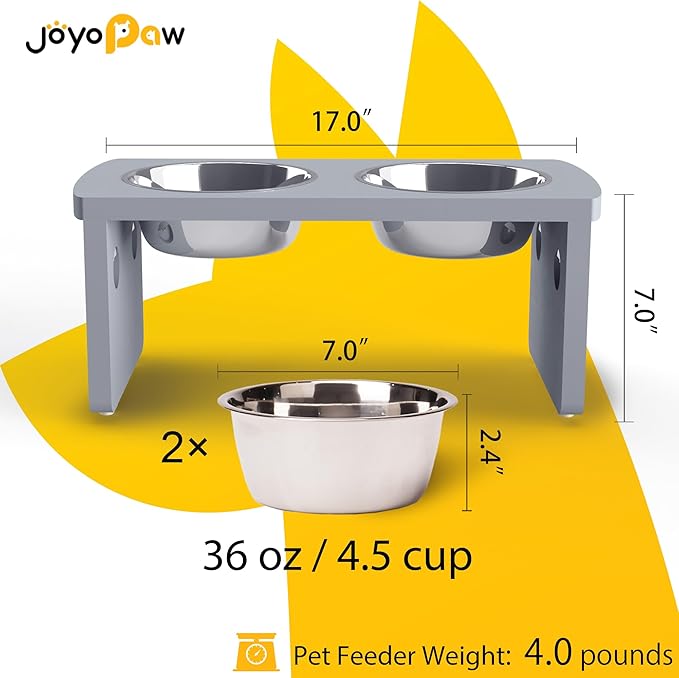 Elevated Dog Bowls, Bamboo Raised Dog Bowl for Medium Dogs, with 2 Stainless Steel Bowls (7'' Tall-40 oz Bowl, Grey)