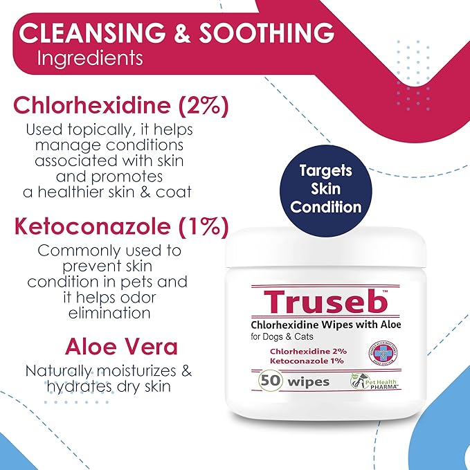 Chlorhexidianes Wipes for Dogs, Cats and Horses (Made in U.S.A) (USA) (Ketoconazole & Chlorhexidine Wipes, 50 Count)