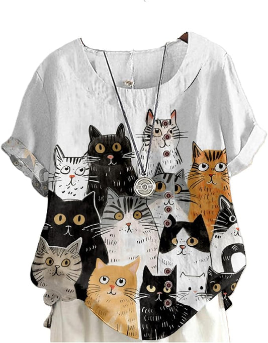 Japanese Print Women Summer Shirts Flower Bird Graphic Plus Size Tunic Tops Crewneck Short Sleeve Blouses