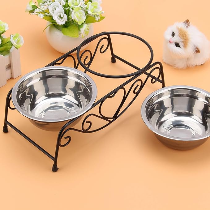 Elevated Double Pet Bowl, Polished Stainless Steel Modern Cat Dog Double Puppy Pet Water Food Lower Raised Feeder Dish Bowls Stand US for Home, Great Gift