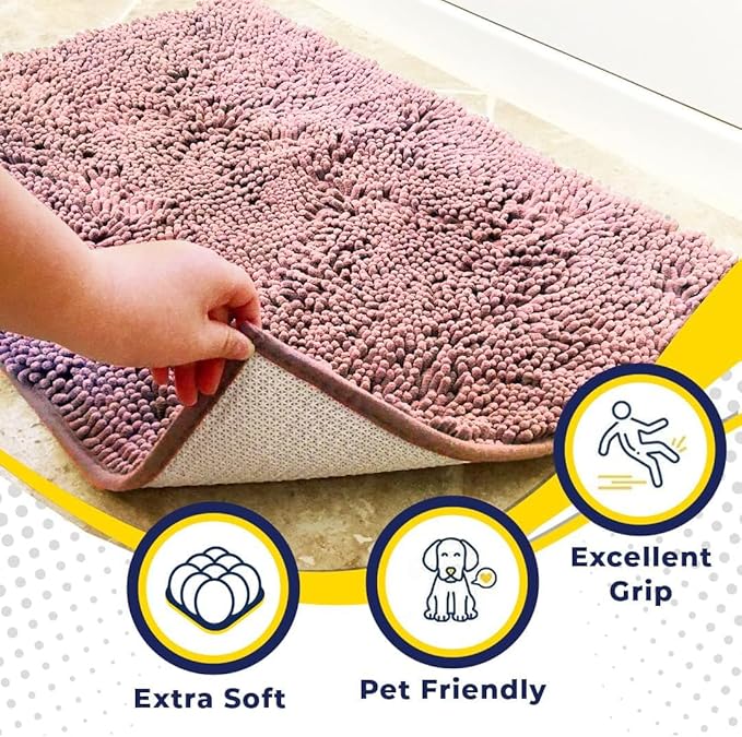 Muddy Mat® AS-SEEN-ON-TV Highly Absorbent Microfiber Door Mat and Pet Rug, Non Slip Thick Washable Area and Bath Mat Soft Chenille for Kitchen Bedroom Indoor and Outdoor - Light Pink 48" x 60"