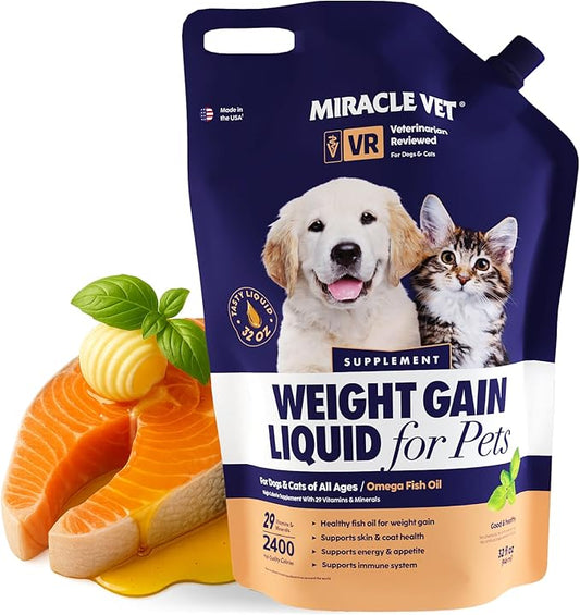 MIRACLE VET High-Calorie Weight Gainer for Dogs & Cats - Multivitamin Nutritional Supplement Gel, Omega Fish Oil, Calcium - Puppy, Senior, Prenatal Cat & Dog Vitamins, Supplements for Weight Gain