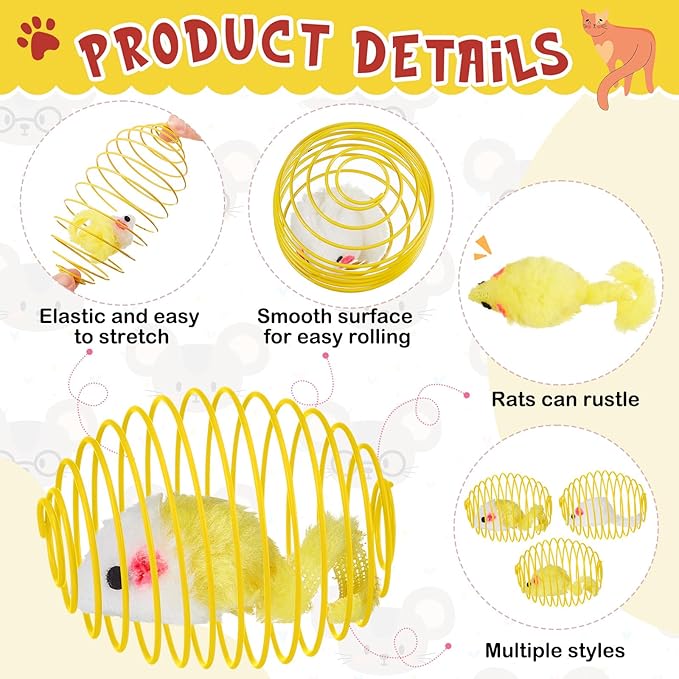Jecery 5 Pcs Halloween Cat Spring Balls Toys Stretchable Rolling Balls Colorful Playful Coils Interactive Spring Action Toy Caged Rats for Kitten Cat Pet Supplies(Yellow Mouse,Yellow,5 Pcs)