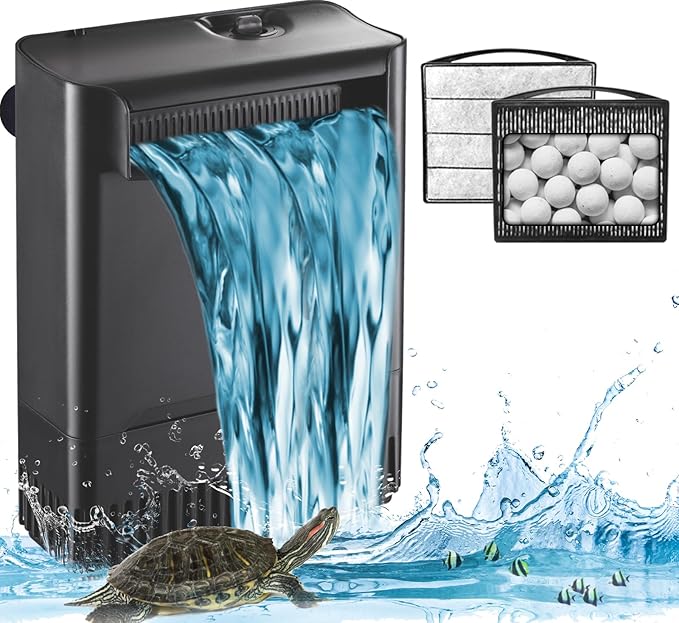 Turtle Tank Filter Aquarium Filter Power Adjustable 20-75 Gal. 290GPH Large Internal Filter 3-Stage Waterfall Bio-Filtration Low Water Level for Freshwater Saltwater Fish Tank Reptile Shrimp Frog