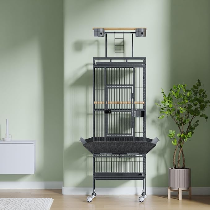 61 Inch Large Bird Cage Rolling Wrought Iron Parrot Cage with Play Top & Bowls for Mid-Sized Parrots Cockatiels Conures Parakeets Lovebirds Budgie Finch Dark Grey