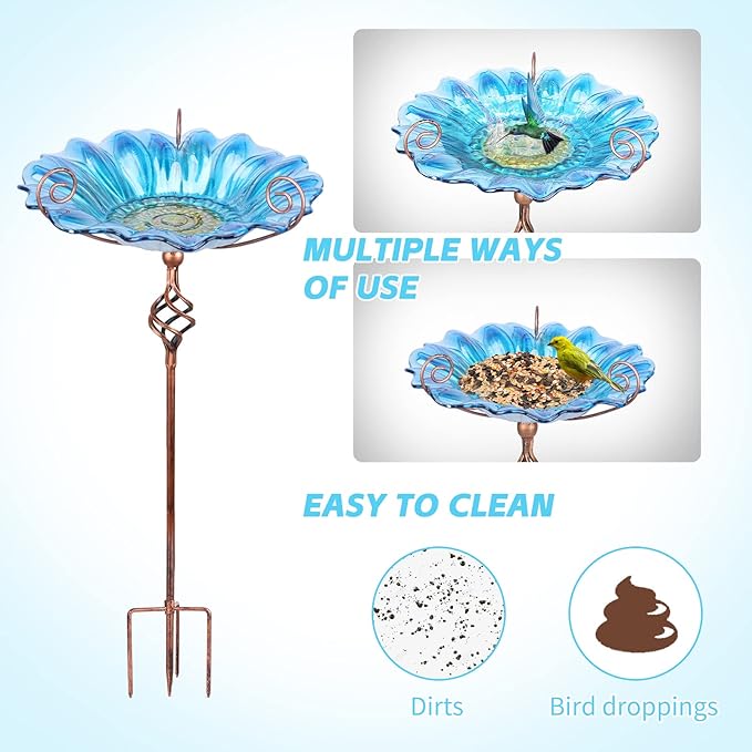 Bird Baths for Outdoors, Glass Birdbaths Outdoor Garden Birdfeeder with Metal Stake Blue (Height:31inch)