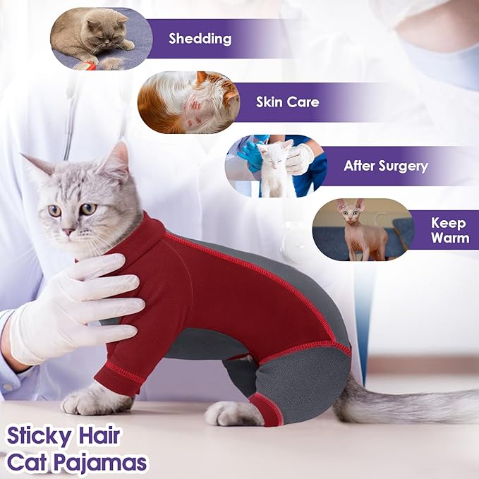 SUNFURA Hair Sticky Cat Clothes, Cat Sweater for Cats Only, 4-Legged Fleece Sweaters Kitten Pajamas Reduce Shedding Fur, Warm Pullover Shirts for Cats, Red M