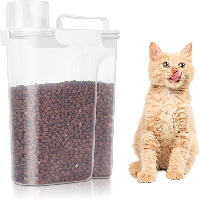 Airtight Cat Dog Food Storage Container 5-7lbs, 5 Liters Pet Dry Food Container with Large Pouring Spout, Cup and Seal Buckles, Travel Food Dispenser for Small Animals, Bird Seed, Puppy, etc.