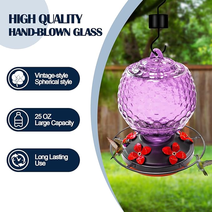 Glass Hummingbirds Feeder for Outdoors Hanging,25 OZ Humming Birds Feeder for Outdoors,Hummingbird Gifts(Purple)