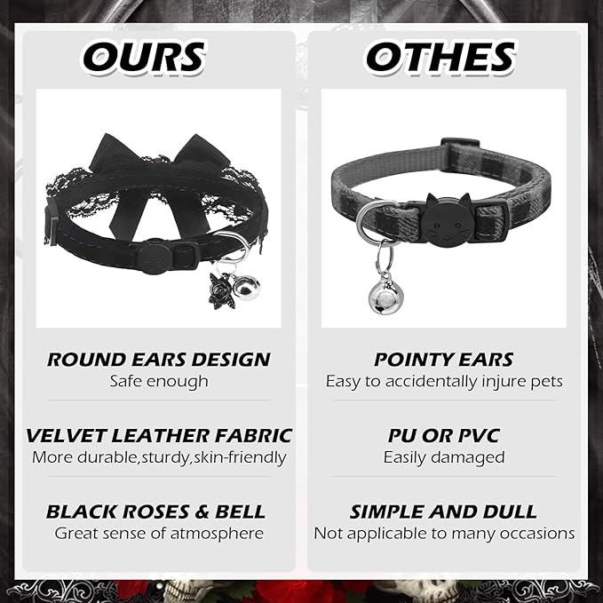 EXPAWLORER Halloween Cat Collar,Adjustable Soft Velvet Cat Collar Breakaway with Flower Accessory and Bell,Safety Quick Release Gothic Style Pet Collar for Cat,Kitten,Small Dog