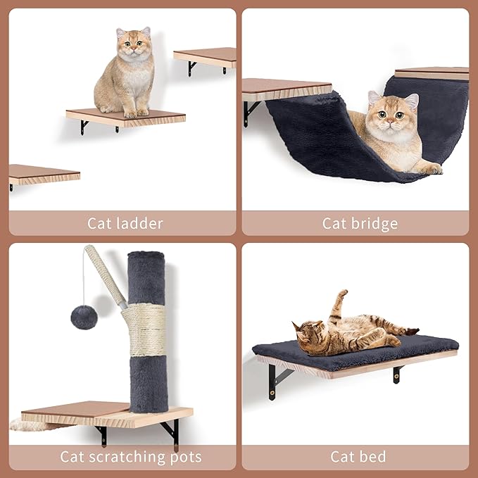 Wall Mounted Cat Climber Set, Cat Wall Shelves,Cat Wall Furniture Set,with Hammock,Jumping Boards,Sofa,Steps,Scratching Post,Hanging Ball and Felt Pads, Suit for Cats Climb, Jump,Scratch-Dark