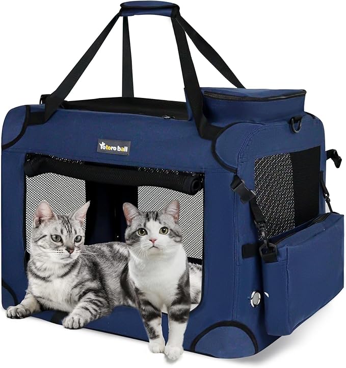 Extra Large Cat Carrier for 2 Cats Collapsible Soft Pet XL Crate for Large/Medium Cats 20lbs Car Travel Portable Bag with Water Bottle Slot For Long Trips (Blue, 24.0"L x 16.5"W x 16.5"H)