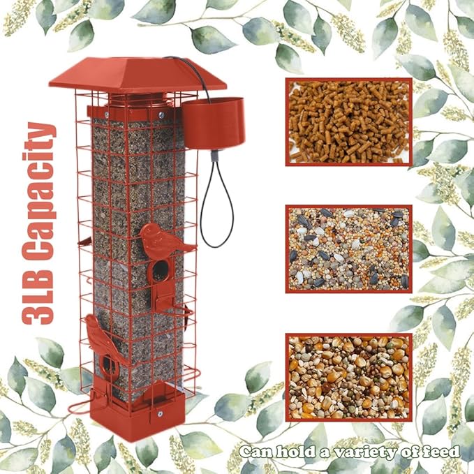 Squirrel Proof Bird Feeders for Outdoors, Metal Wild Bird Feeder for Outside Hanging, 4 Ports Perches, 3LB Large Capacity (Tangerine)