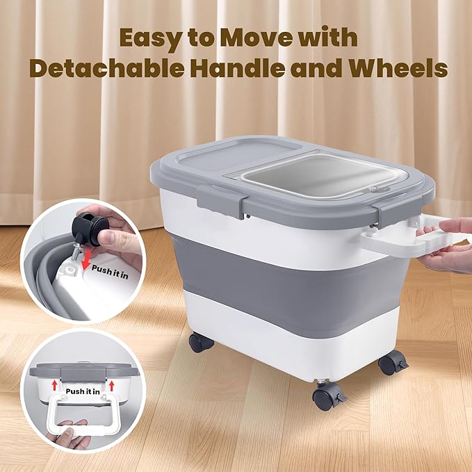 HOYTAMDA 20-30Lbs Rice Container,Collapsible Airtight Food Storage Containers with Wheels,Handle,Rice Storage Container with Small Bin and Scoop