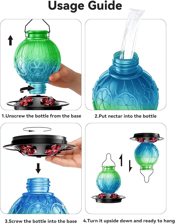 26Oz Hummingbird Feeder for Outdoors, Vintage Glass Bird Feeder with Perch, Durable & Easy to Clean, Hanging Nectar Feeder for Garden, Yard, Deck – Gift for Bird Lovers (Green)