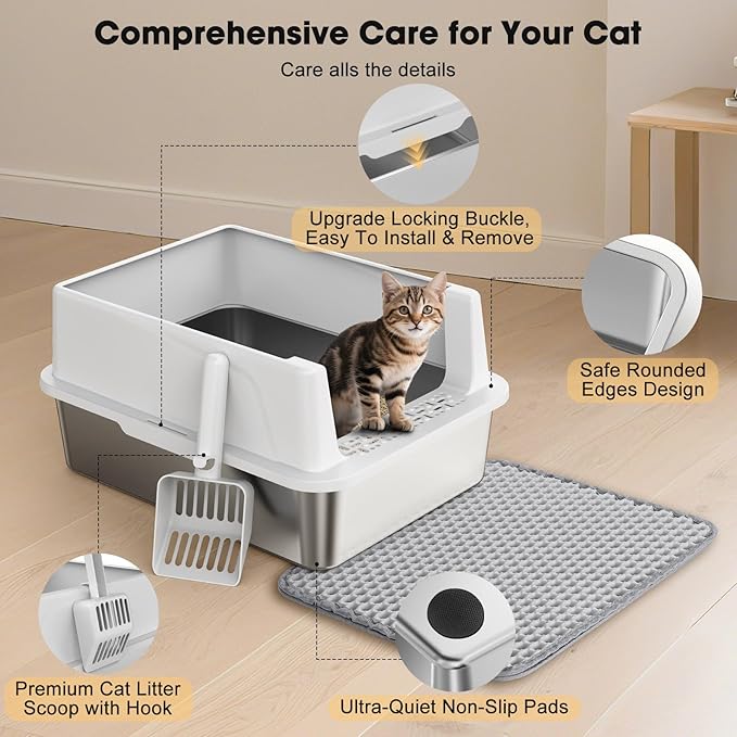 FURTIME Stainless Steel Cat Litter Box with Lid – High-Sided Metal Litter Pan for Small Cats, Kitty Litter Box Non-Stick, Odor-Resistant, Anti-Urine Leakage, Easy to Clean, Includes Scoop and Mat