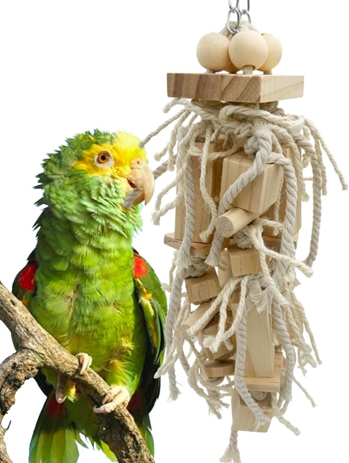 Bird Block Knots Tearing Toy- 17 inch Dye-Free Natural Wooden Parrot Chewing Toy for Medium and Large Parrots, Conures, Cockatiels, African Greys, Cockatoos, Quakers and AmazonParrots