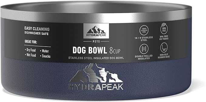 Hydrapeak Dog Bowl; Non Slip Stainless Steel; Water and Food Dish; Large Sized and Small Dogs; 32oz 64oz; Multiple Sizes | 8 Cup | Navy