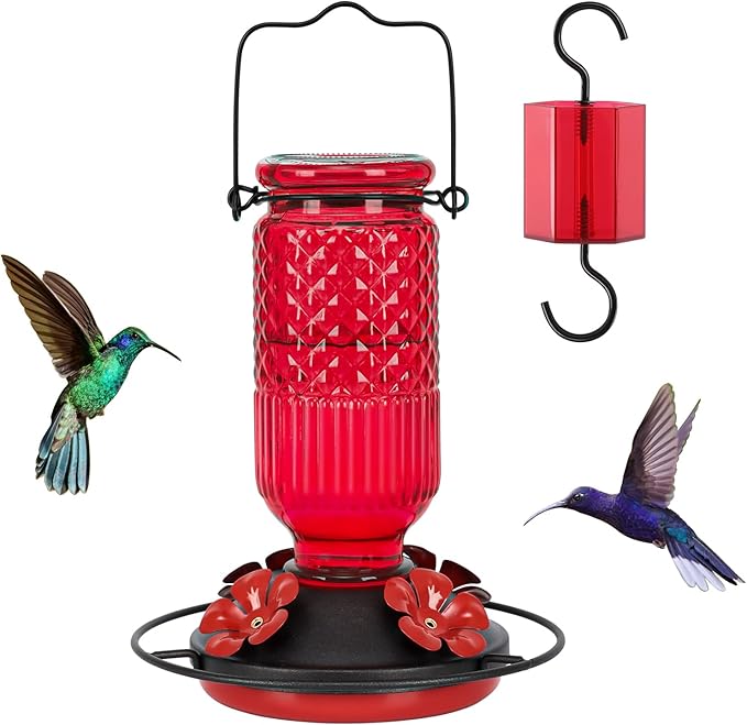 FEED GARDEN Glass Hummingbird Feeder for Outdoors Hanging, 16 OZ Humming Bird Feeders with 4 Bee Guard Feeding Ports & Built-in Ant Moat, Hummingbird Gifts for Mom Bird Feeder for Outside, Red,2 Pack