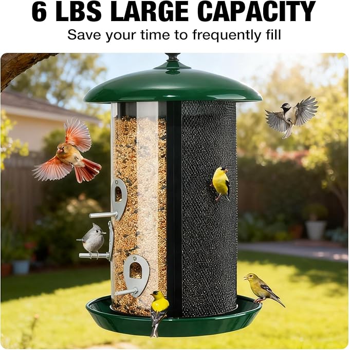 Veehoo Hanging Bird Feeder for Outdoors, 3 in 1 Large Capacity Metal Mesh Tube Bird Feeder for Thistle Nyjer Peanut, Wild Triple Finch Cardinal Feeders 6 lbs Seed Capacity for Outside