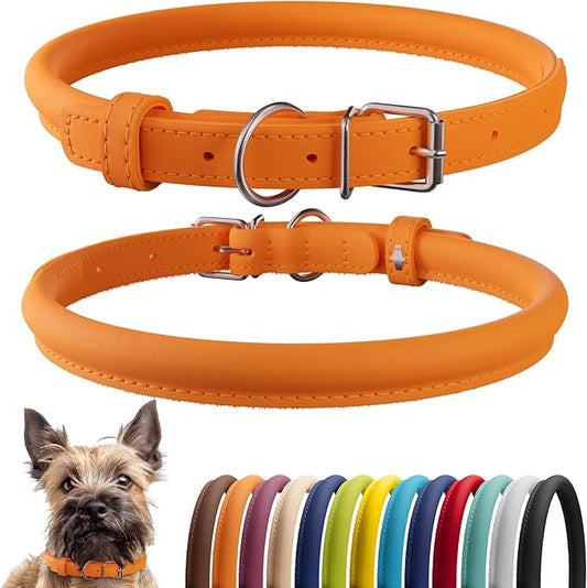 CollarDirect Rolled Leather Dog Collar, Soft Padded Round Puppy Collar, Handmade Genuine Leather Collar Dog Small Large Cat Collars 13 Colors (6 Inch, Orange Smooth)