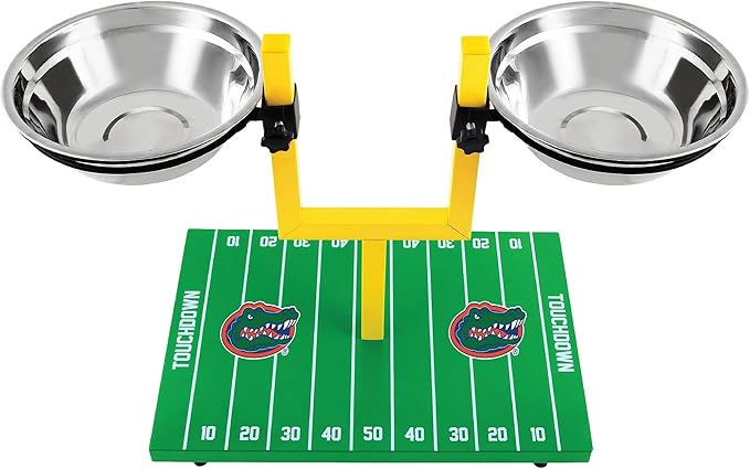 NCAA Florida Gators Goalpost Football Field Dog Feeder – Adjustable Elevated Dog Bowls with Stand, 2 Stainless Steel Bowls, Non-Slip Rubber Feet, Raised Pet Feeder for Large & Small Dogs