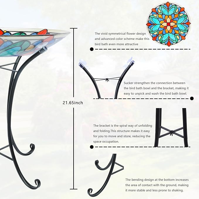 MUMTOP Bird Bath-Bird Baths for Outdoors - Glass Large Bird Bath Bowl with Metal Stand, Symmetrical Patterns Bird Feeders for Outside and Garden, Patio,Lawn Decor