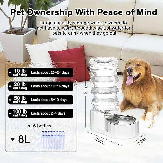 RIZZARI Large Gravity Water Dispenser: 8L Automatic Upgraded Water Feeder with Stainless Steel Bowl - Two Caps and Filters for Pets Indoor/Outdoor Use by Owners