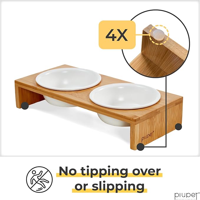 PiuPet® Cat Bowl 8.5 fl oz with Rack, Set of 2 Bowls for Cats and Small Dogs, White Ceramic Cat Bowls for Easy Cleaning with Stylish and Non-Slip Bamboo Frame I Ideal Ergonomic Cat Food Bowl Set