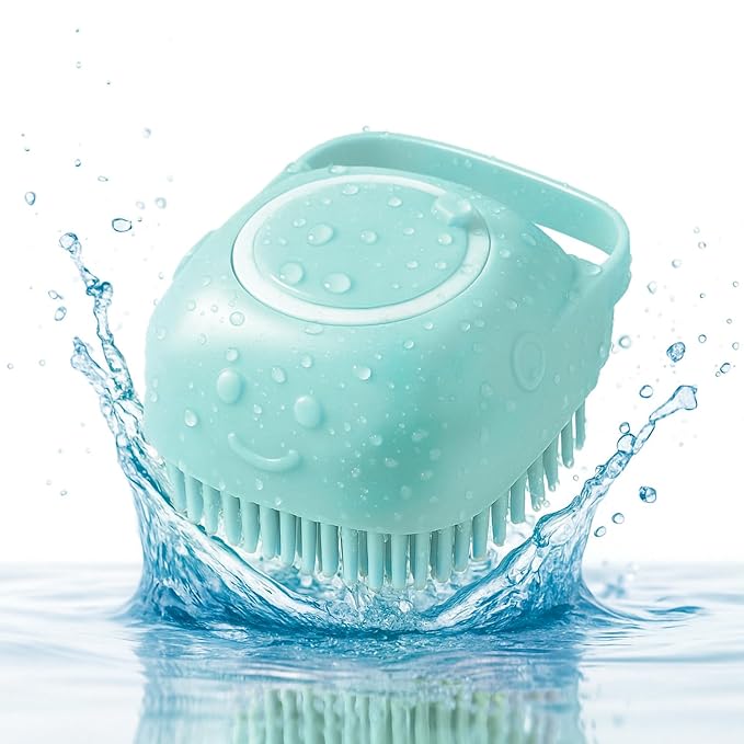 HamInWay Dog Bath Brush, 2-in-1 Dog Grooming Brush with Built-in Shampoo Dispenser, Gentle Silicone Bristles for Bath & Massage, Non-Slip Handle, Easy Clean Design for Dogs, Cats & Small Pets, Blue