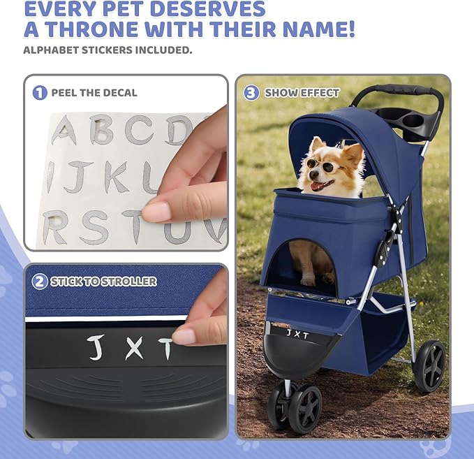 Magshion 3-Wheel Pet Stroller, Foldable Travel Jogger for Small & Medium Dogs & Cats (Up to 33lbs), Lightweight Carrier with Breathable Mesh Cover, Cup Holder & Storage Basket, Navy Blue