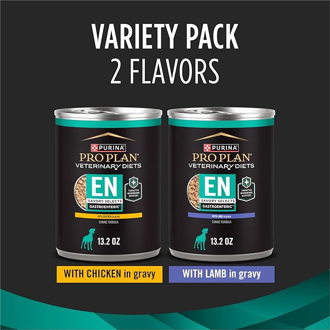 Pro Plan Veterinary Diets Purina EN Savory Selects Gastroenteric with Chicken and with Lamb in Gravy Gastrointestinal Dog Food Variety Pack - (12) 13.2 oz. Cans