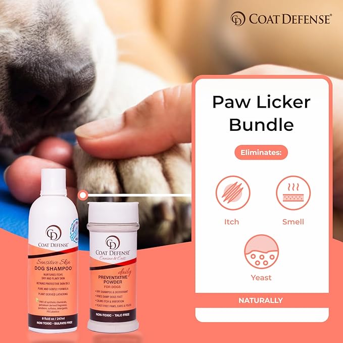 COAT DEFENSE Paw Licker Bundle | Dry Powder for Dogs & Sensitive Skin Dog Shampoo for Allergies and Itching | Smell & Itch Relief | Itchy Skin Relief & Yeast Dog Treatment