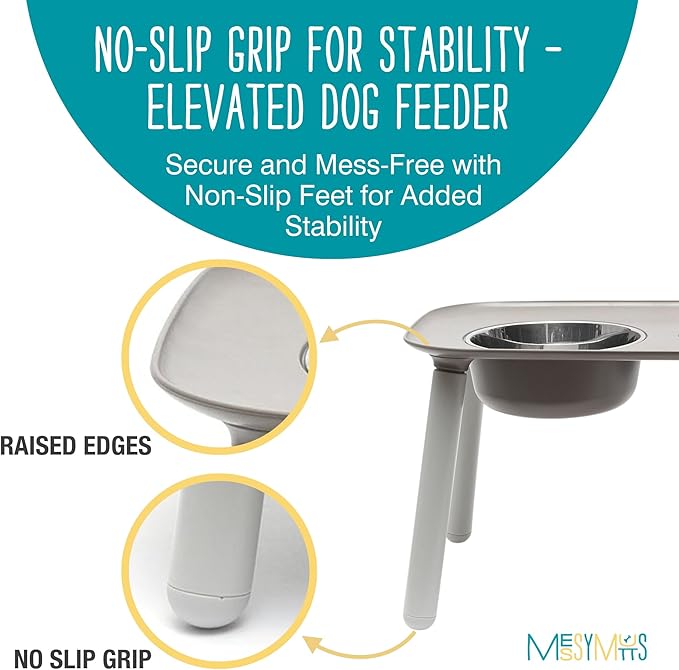 Messy Mutts Elevated Double Feeder with Stainless Bowls | Adjustable Height 3”, 5”, or 10” | Adjustable Standing Feeder for Dogs | 5 Cups per Bowl | Dark Grey