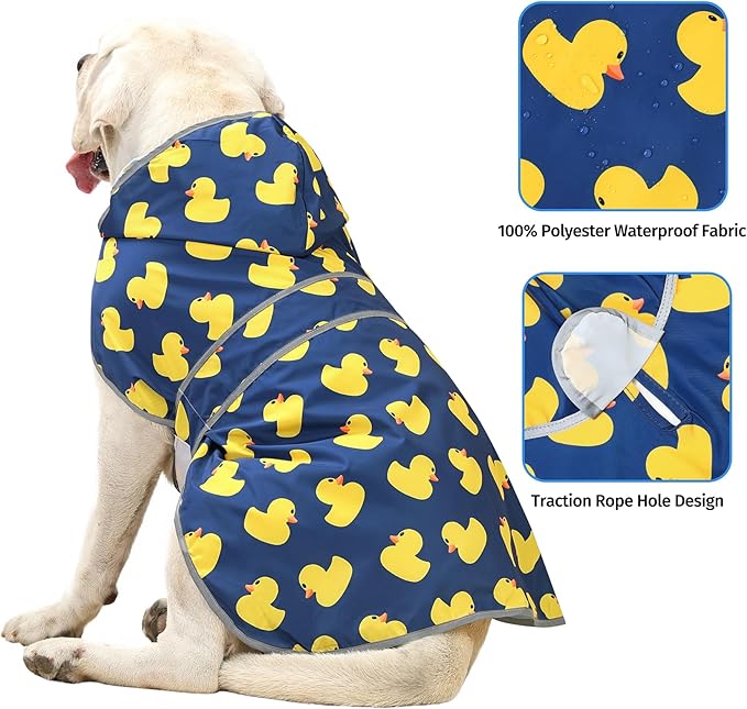 Dog Rain Coat for Large Dogs Waterproof Hooded Rain Jacket with Reflective Strips Leash Hole & Poncho Adjustable Fit (Duck,XL)